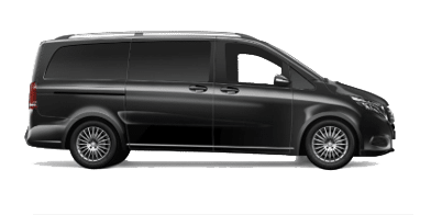 Side profile of a Mercedes Vito chauffeur driven people carrier.