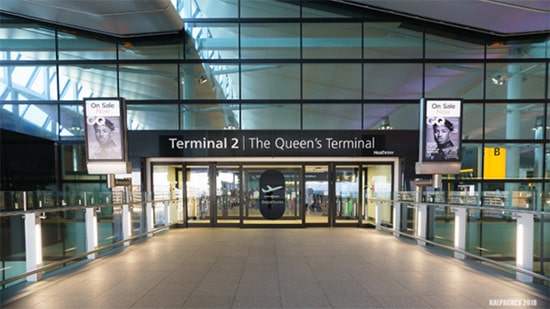 The entrance of Heathrow Airport Terminal 2 in London - UK airport transfers.